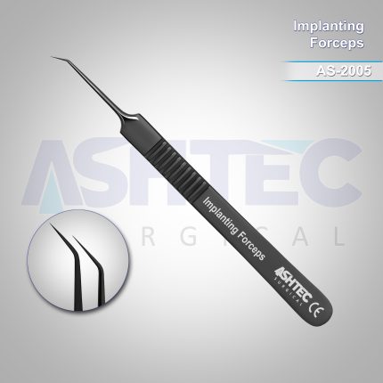 Hair Implanting Forceps, 45° Angled with 5mm Tip, 11cm, Sharp Tip, Black Coated Finish